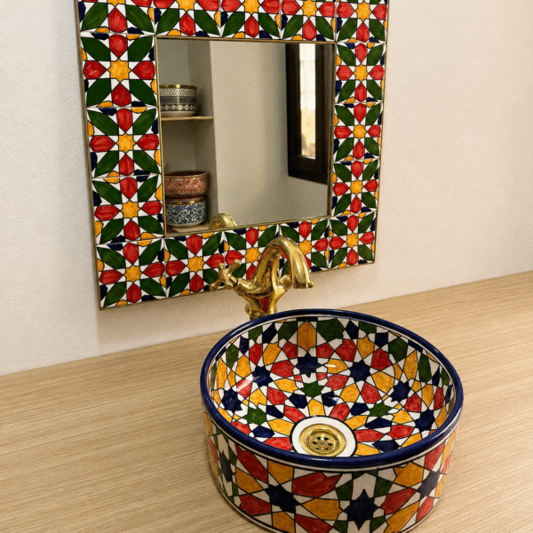 Vasque Ronde Marocaine en Céramique – Motif Zellige Multicolore