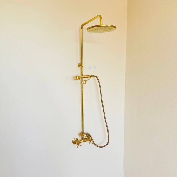 Système de Douche en Laiton Massif Non Verni, Douche Pluie Vintage, Douchette à Main, Robinetterie Murale en Laiton Fait Main